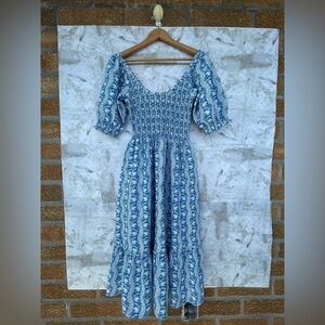 Hill House Blue & White Smocked Puff Sleeve Midi Dress